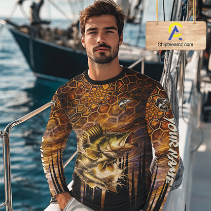 Custom Walleye Long Sleeve Tournament Camo Fishing Shirts, Walleye Fishing Jerseys NHT410