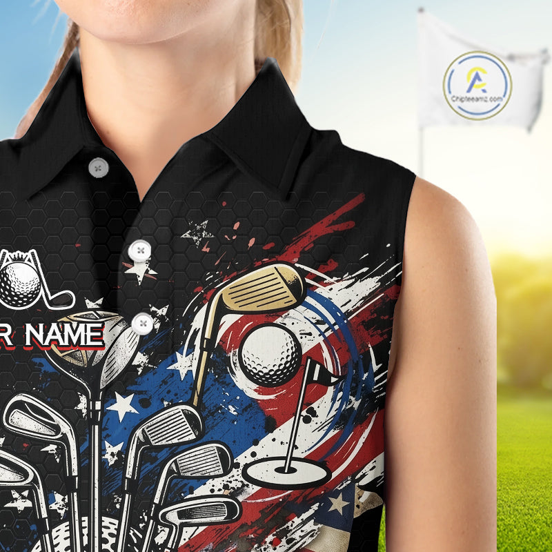 Patriotic Womens Sleeveless Golf Polo Shirt Custom USA Flag Golf Shirt, Golf Apparel Gift For Golfers NHT904