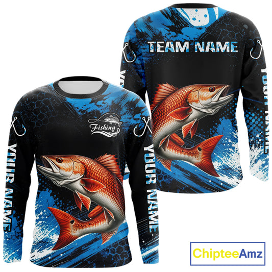 Back view of custom redfish fishing shirt made from breathable polyester with UPF 30+ sun protection.