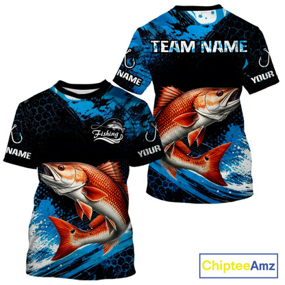 Back view of custom redfish fishing shirt made from breathable polyester with UPF 30+ sun protection.