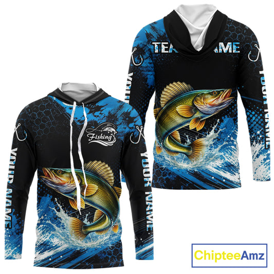 Custom Walleye Fishing Jersey long sleeve hooded shirt with walleye-inspired graphic and performance fit.