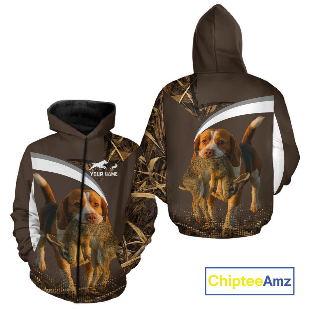 Brown Camo 3D Printed Beagle Dog Rabbit Hunting Shirt, Custom Name Hunting Gift NHT225