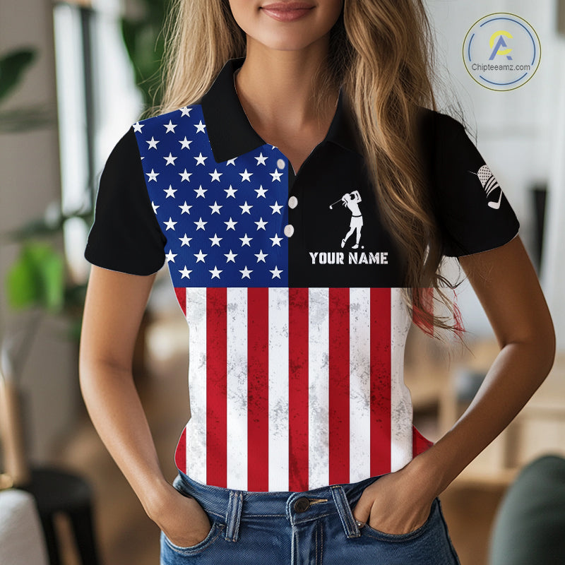 Personalized Womens Golf Polo Shirt American Flag Patriotic Golf Shirts Golf Gifts For Womens NHT746