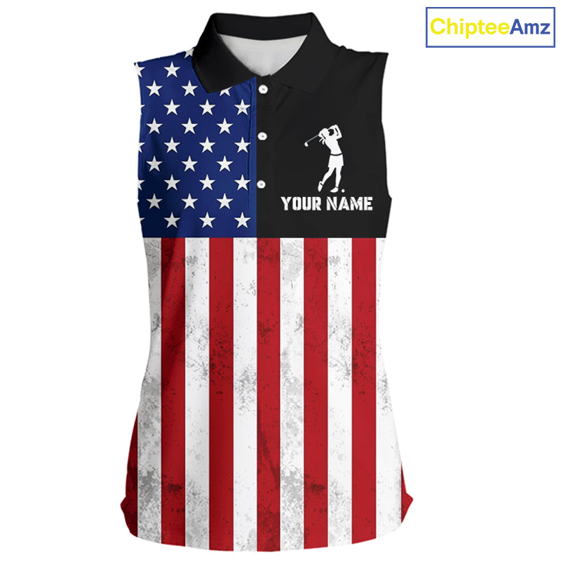 Personalized Sleeveless Womens Golf Polo Shirt American Flag Patriotic Golf Shirts Golf Gifts For Womens NHT746