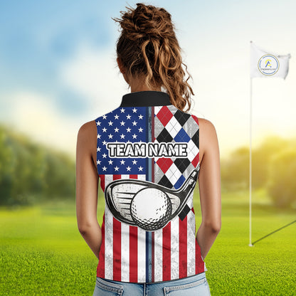 Personalized Sleeveless Womens Golf Polo Shirt American Flag Patriotic Golf Shirts Golf Gifts For Womens NHT746