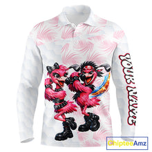 Load image into Gallery viewer, Personalized Funny Flamingo Rockstar Couple Golf Polo Shirt, Custom Name Matching Couple Golf Shirt NHT748