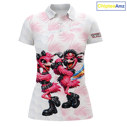 Personalized Funny Flamingo Rockstar Couple Womens Golf Polo Shirt, Custom Name Matching Couple Golf Shirt NHT748