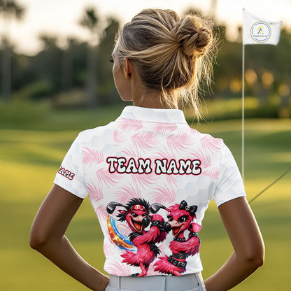 Personalized Funny Flamingo Rockstar Couple Womens Golf Polo Shirt, Custom Name Matching Couple Golf Shirt NHT748