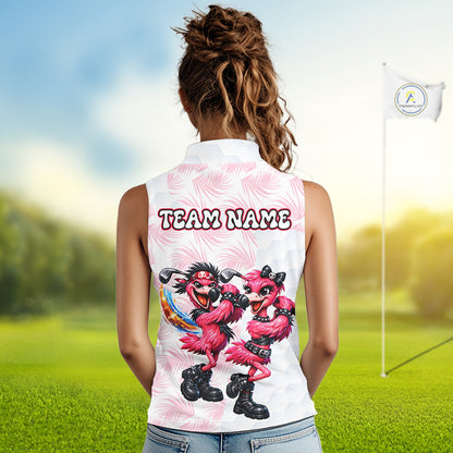 Personalized Funny Flamingo Rockstar Couple Sleeveless Womens Golf Polo Shirt, Custom Name Matching Couple Golf Shirt NHT748