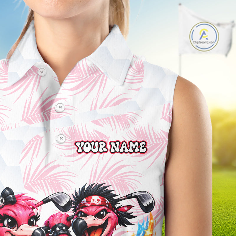 Personalized Funny Flamingo Rockstar Couple Sleeveless Womens Golf Polo Shirt, Custom Name Matching Couple Golf Shirt NHT748