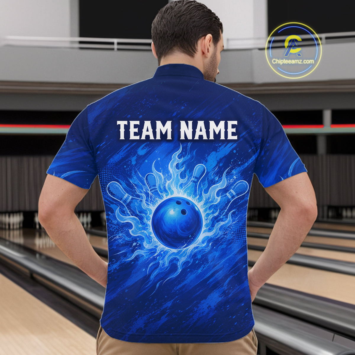Custom Bowling Shirt Personalized Name, Blue Flame Bowling Polo, Team Bowling Jersey For Men NHT1231