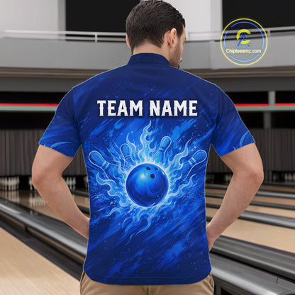 Custom Bowling Shirt Personalized Name, Blue Flame Bowling Polo, Team Bowling Jersey For Men NHT1231