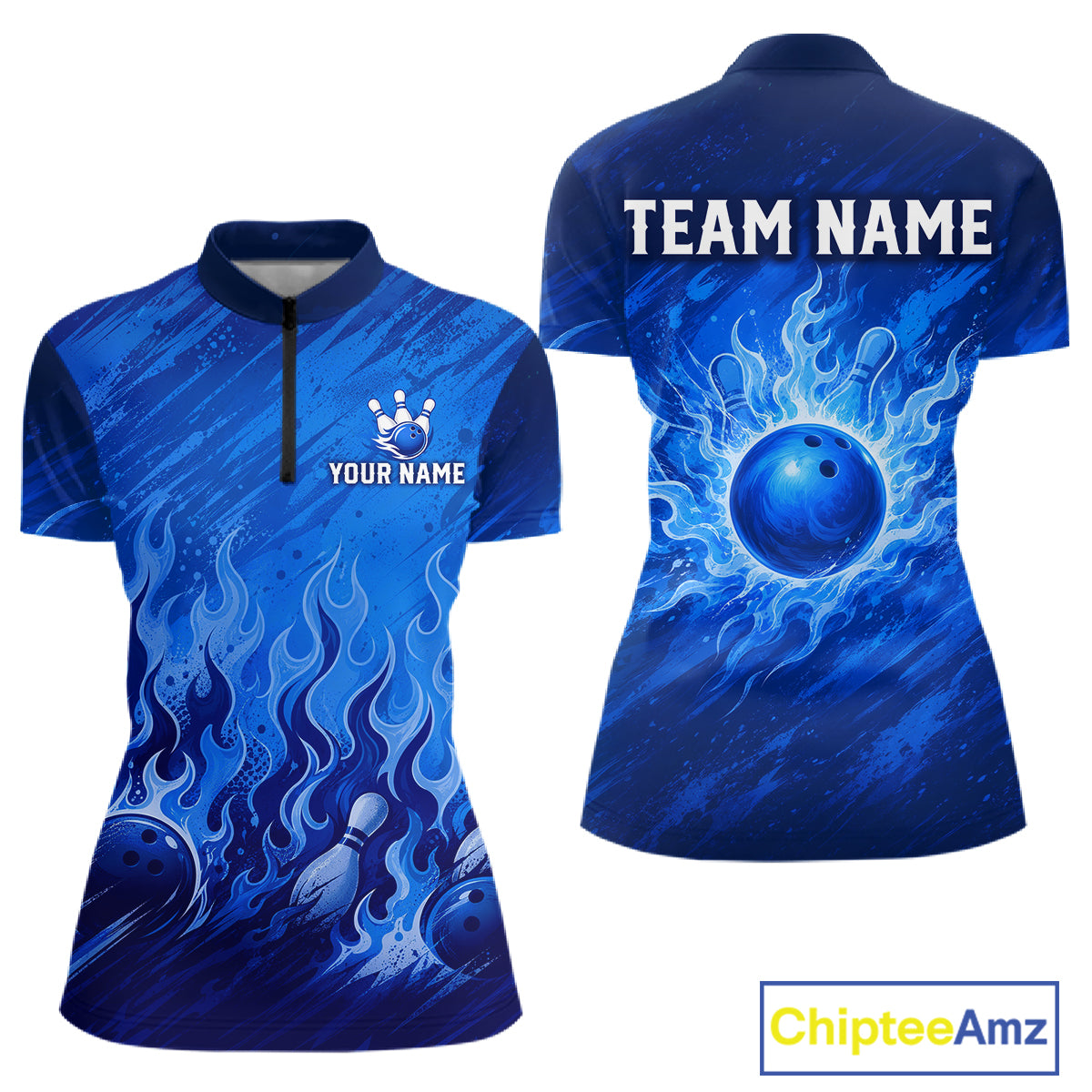 Custom blue short-sleeve bowling-themed polo shirt shown from the front and back. The front features a black zipper at the collar, a small white bowling pins graphic with customizable text, and blue flame patterns.