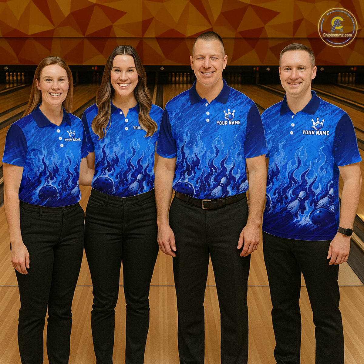 Custom Bowling Shirt Personalized Name, Blue Flame Bowling Polo, Team Bowling Jersey For Women NHT1231