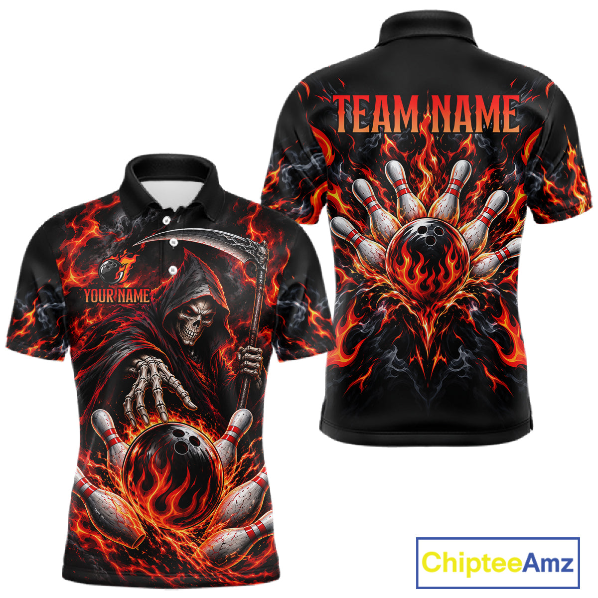 Personalized Red Grim Reaper Flaming Bowling Ball Polo Shirt, Flaming Skull Bowling Team Jersey Men NHT1527