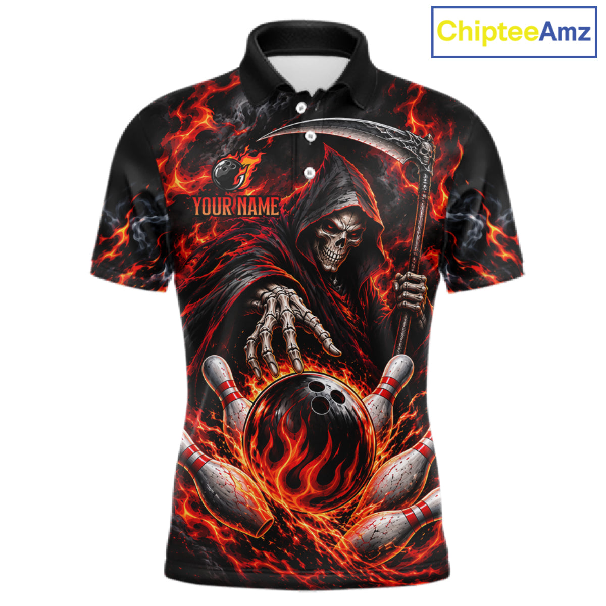Personalized Red Grim Reaper Flaming Bowling Ball Polo Shirt, Flaming Skull Bowling Team Jersey Men NHT1527