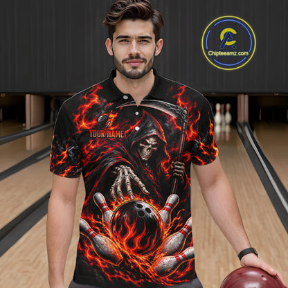 Personalized Red Grim Reaper Flaming Bowling Ball Polo Shirt, Flaming Skull Bowling Team Jersey Men NHT1527