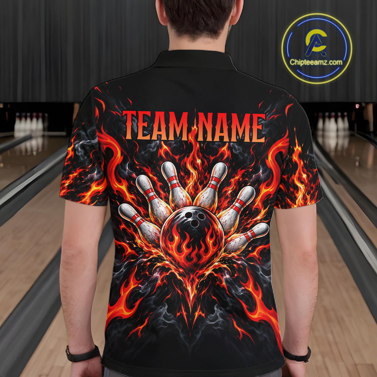 Personalized Red Grim Reaper Flaming Bowling Ball Polo Shirt, Flaming Skull Bowling Team Jersey Men NHT1527