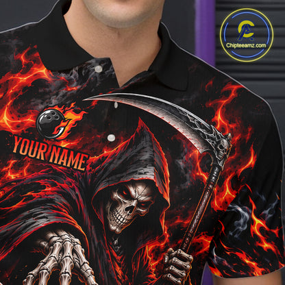 Personalized Red Grim Reaper Flaming Bowling Ball Polo Shirt, Flaming Skull Bowling Team Jersey Men NHT1527