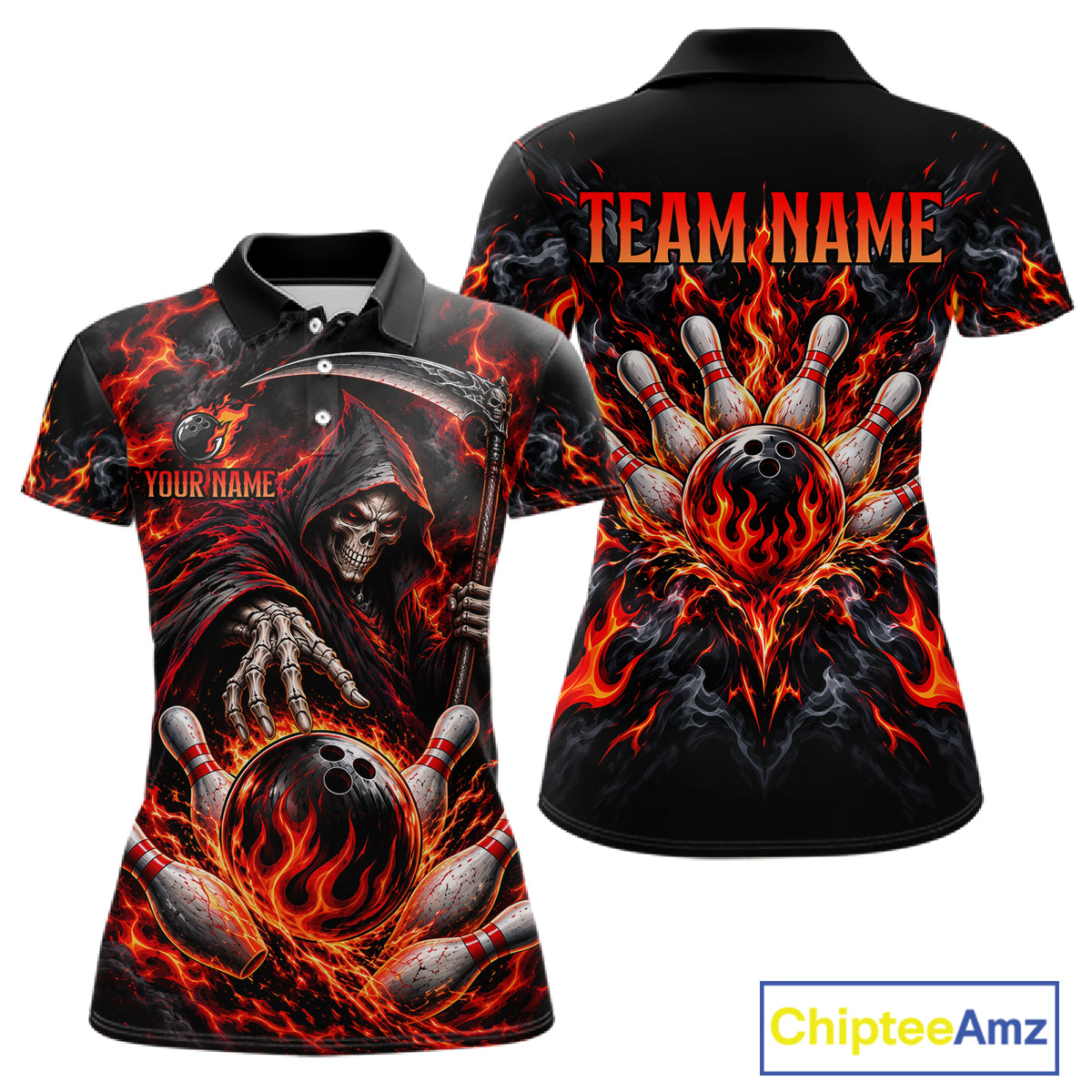 Personalized Red Grim Reaper Flaming Bowling Ball Polo Shirt, Flaming Skull Bowling Team Jersey Women NHT1527