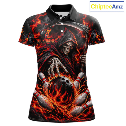 Personalized Red Grim Reaper Flaming Bowling Ball Polo Shirt, Flaming Skull Bowling Team Jersey Women NHT1527