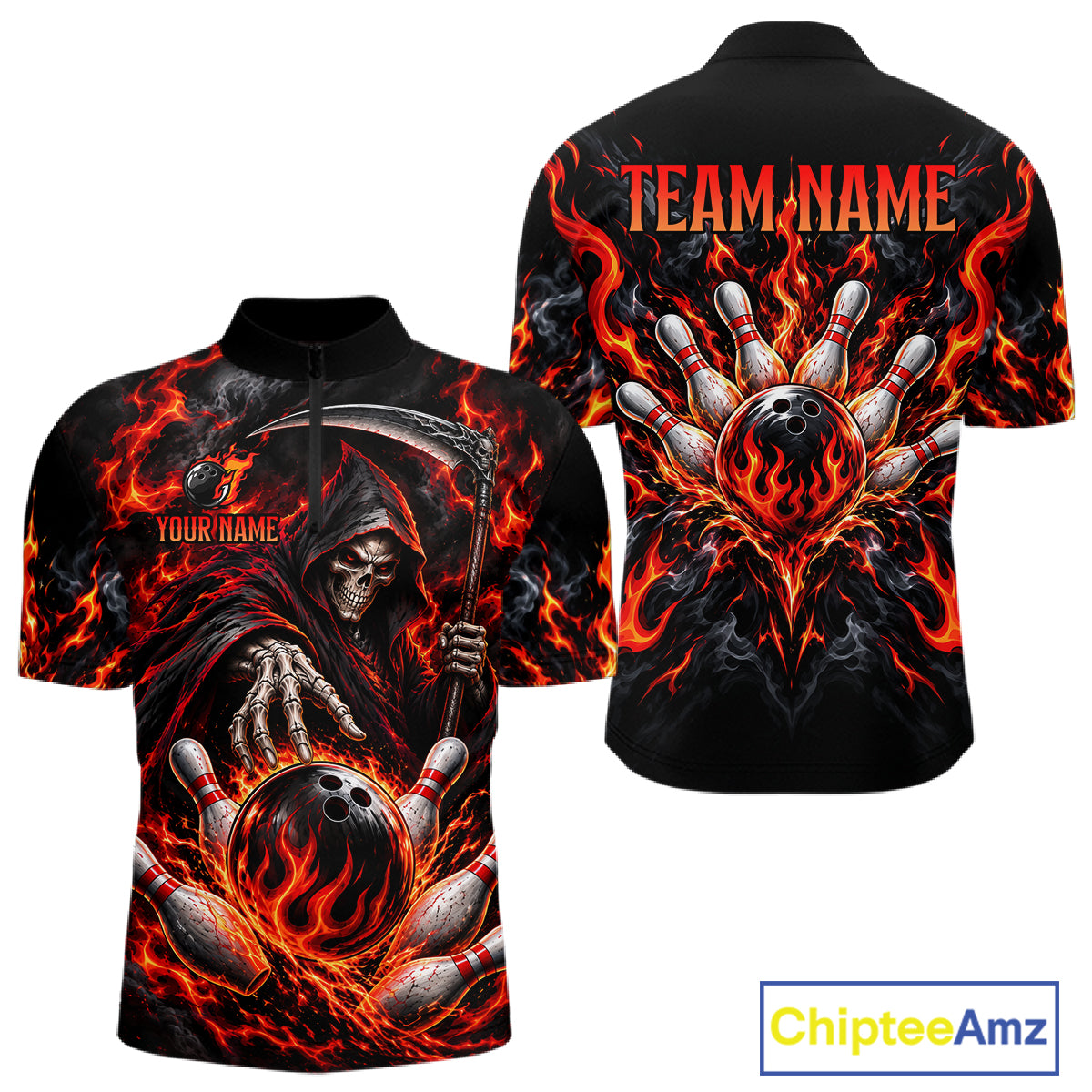 Personalized Red Grim Reaper Flaming Bowling Ball Polo Shirt, Flaming Skull Bowling Team Jersey Men NHT1527