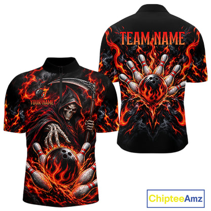 Personalized Red Grim Reaper Flaming Bowling Ball Polo Shirt, Flaming Skull Bowling Team Jersey Men NHT1527
