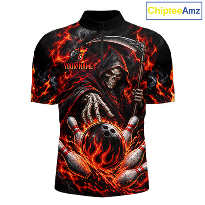 Personalized Red Grim Reaper Flaming Bowling Ball Polo Shirt, Flaming Skull Bowling Team Jersey Men NHT1527