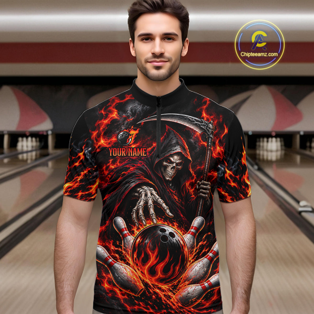 Personalized Red Grim Reaper Flaming Bowling Ball Polo Shirt, Flaming Skull Bowling Team Jersey Men NHT1527