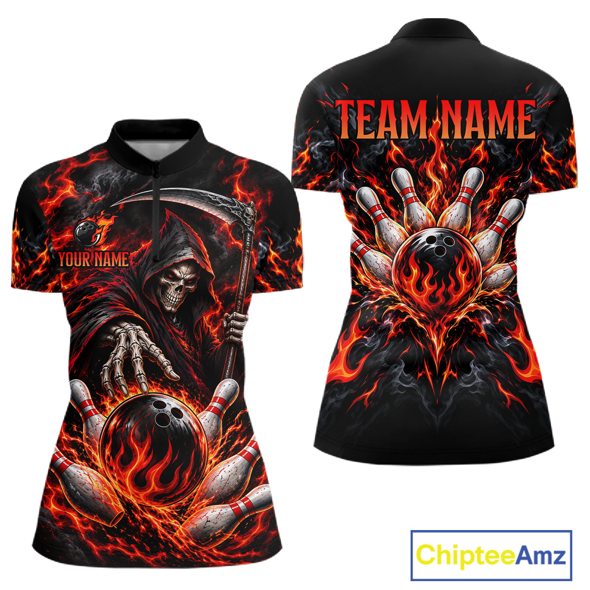Personalized Red Grim Reaper Flaming Bowling Ball Polo Shirt, Flaming Skull Bowling Team Jersey Women NHT1527