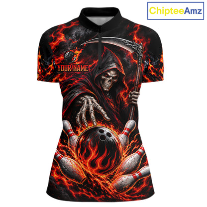 Personalized Red Grim Reaper Flaming Bowling Ball Polo Shirt, Flaming Skull Bowling Team Jersey Women NHT1527