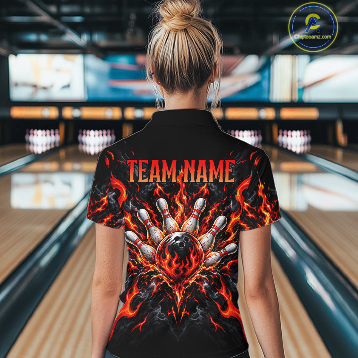 Personalized Red Grim Reaper Flaming Bowling Ball Polo Shirt, Flaming Skull Bowling Team Jersey Women NHT1527