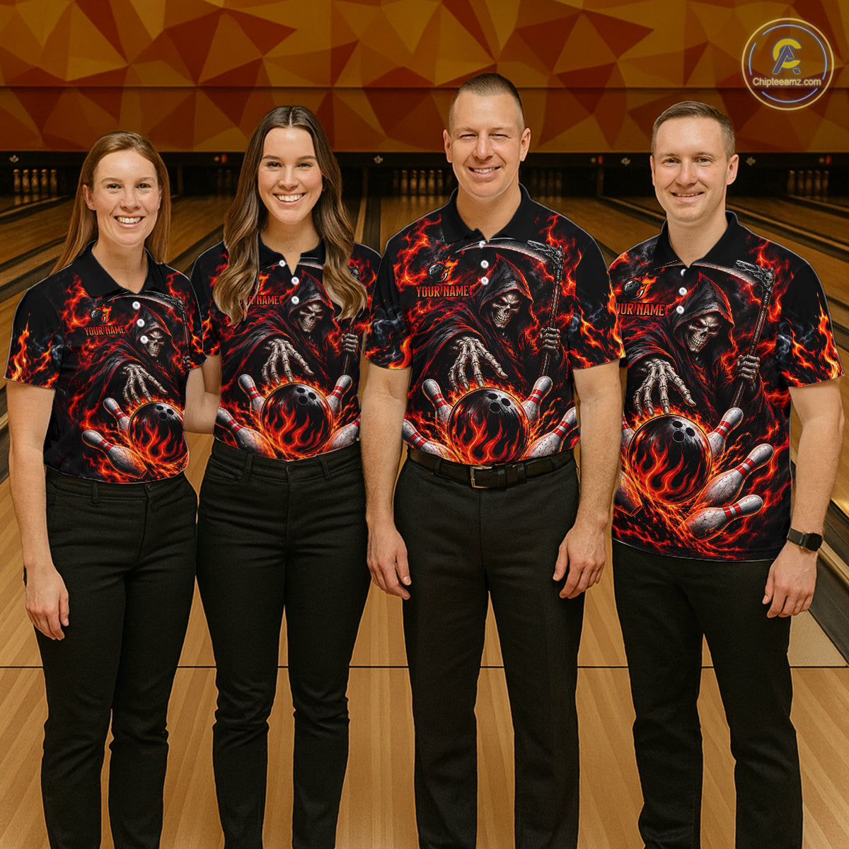Personalized Red Grim Reaper Flaming Bowling Ball Polo Shirt, Flaming Skull Bowling Team Jersey Women NHT1527