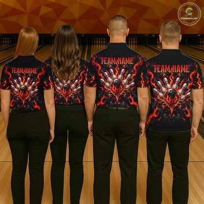 Personalized Red Grim Reaper Flaming Bowling Ball Polo Shirt, Flaming Skull Bowling Team Jersey Men NHT1527