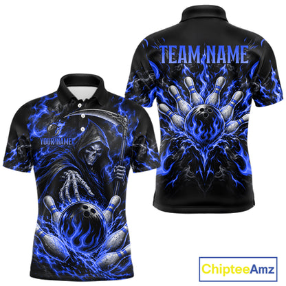 Personalized Blue Grim Reaper Flaming Bowling Ball Polo Shirt, Flaming Skull Bowling Team Jersey Men NHT1528