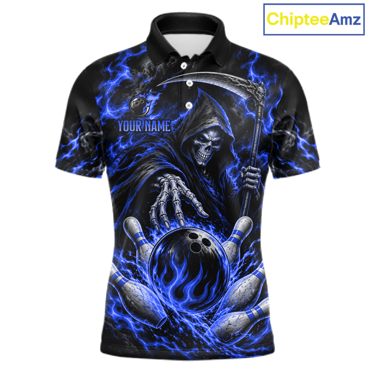 Personalized Blue Grim Reaper Flaming Bowling Ball Polo Shirt, Flaming Skull Bowling Team Jersey Men NHT1528