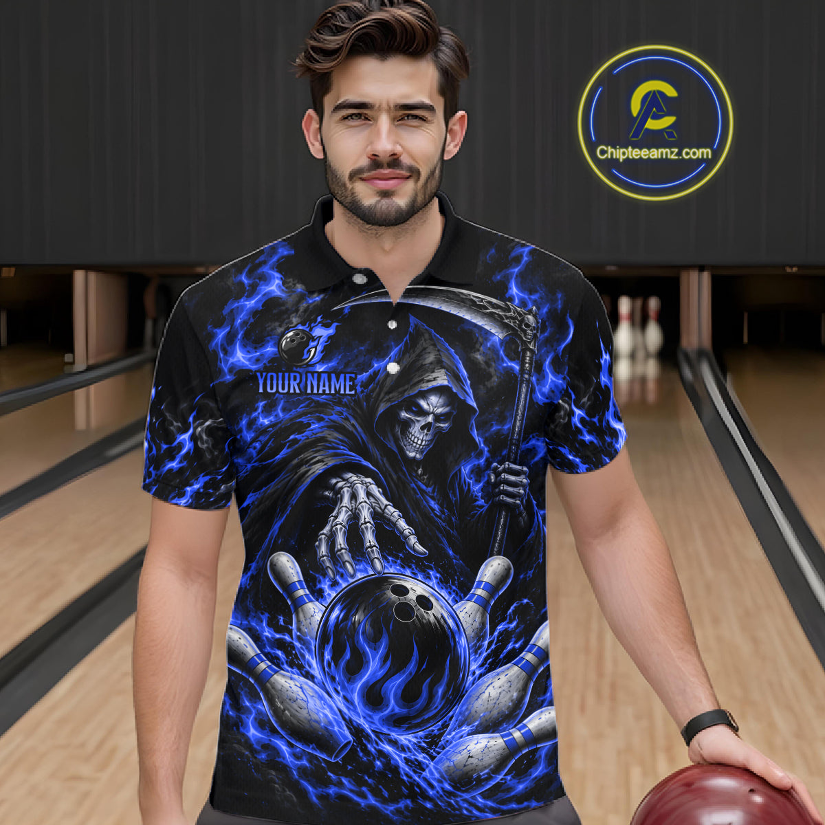 Personalized Blue Grim Reaper Flaming Bowling Ball Polo Shirt, Flaming Skull Bowling Team Jersey Men NHT1528