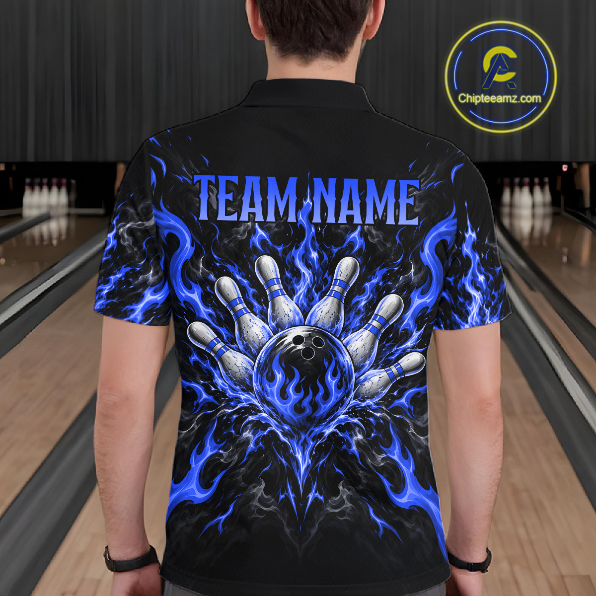 Personalized Blue Grim Reaper Flaming Bowling Ball Polo Shirt, Flaming Skull Bowling Team Jersey Men NHT1528