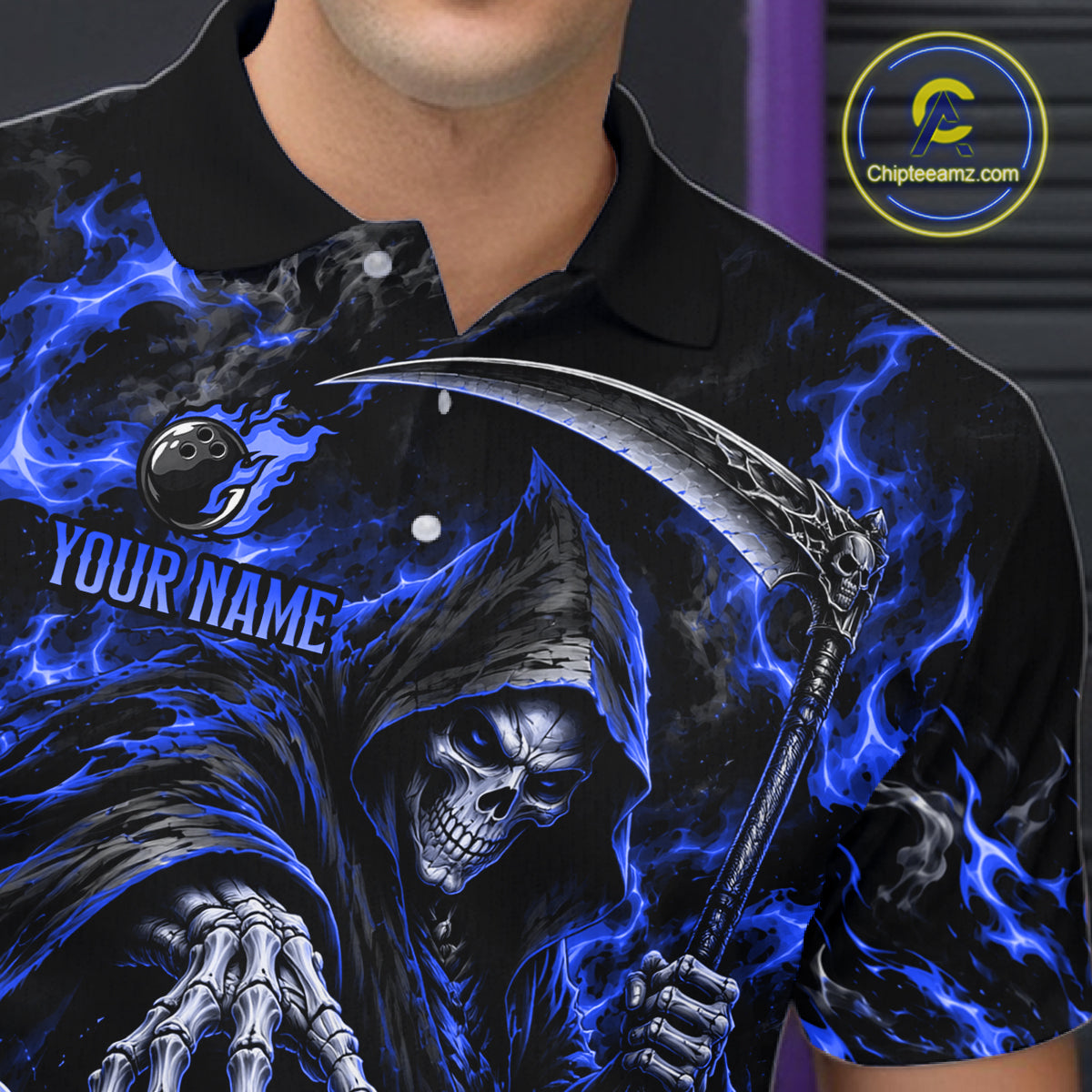 Personalized Blue Grim Reaper Flaming Bowling Ball Polo Shirt, Flaming Skull Bowling Team Jersey Men NHT1528