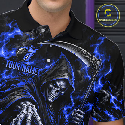 Personalized Blue Grim Reaper Flaming Bowling Ball Polo Shirt, Flaming Skull Bowling Team Jersey Men NHT1528