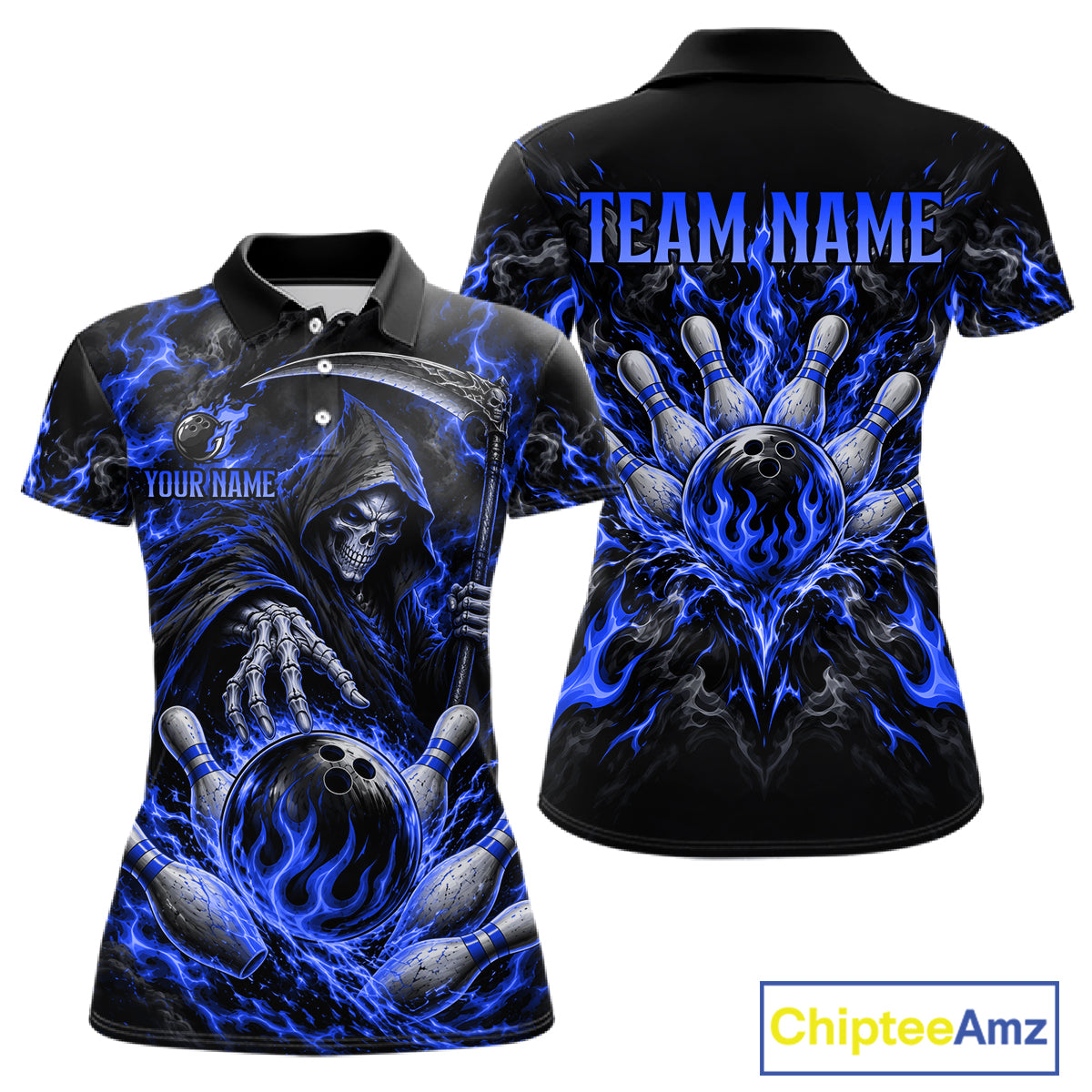 Personalized Blue Grim Reaper Flaming Bowling Ball Polo Shirt, Flaming Skull Bowling Team Jersey Women NHT1528