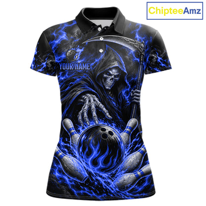 Personalized Blue Grim Reaper Flaming Bowling Ball Polo Shirt, Flaming Skull Bowling Team Jersey Women NHT1528
