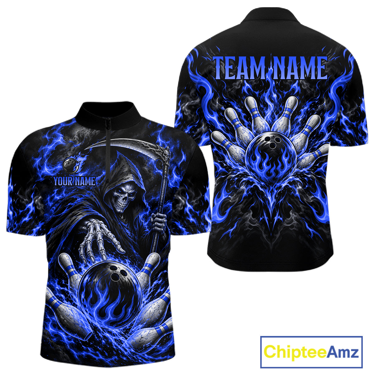 Personalized Blue Grim Reaper Flaming Bowling Ball Polo Shirt, Flaming Skull Bowling Team Jersey Men NHT1528
