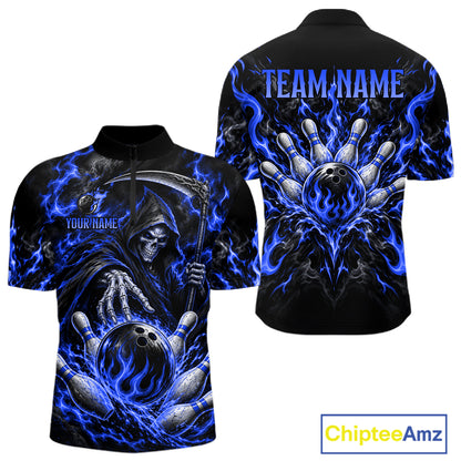 Personalized Blue Grim Reaper Flaming Bowling Ball Polo Shirt, Flaming Skull Bowling Team Jersey Men NHT1528