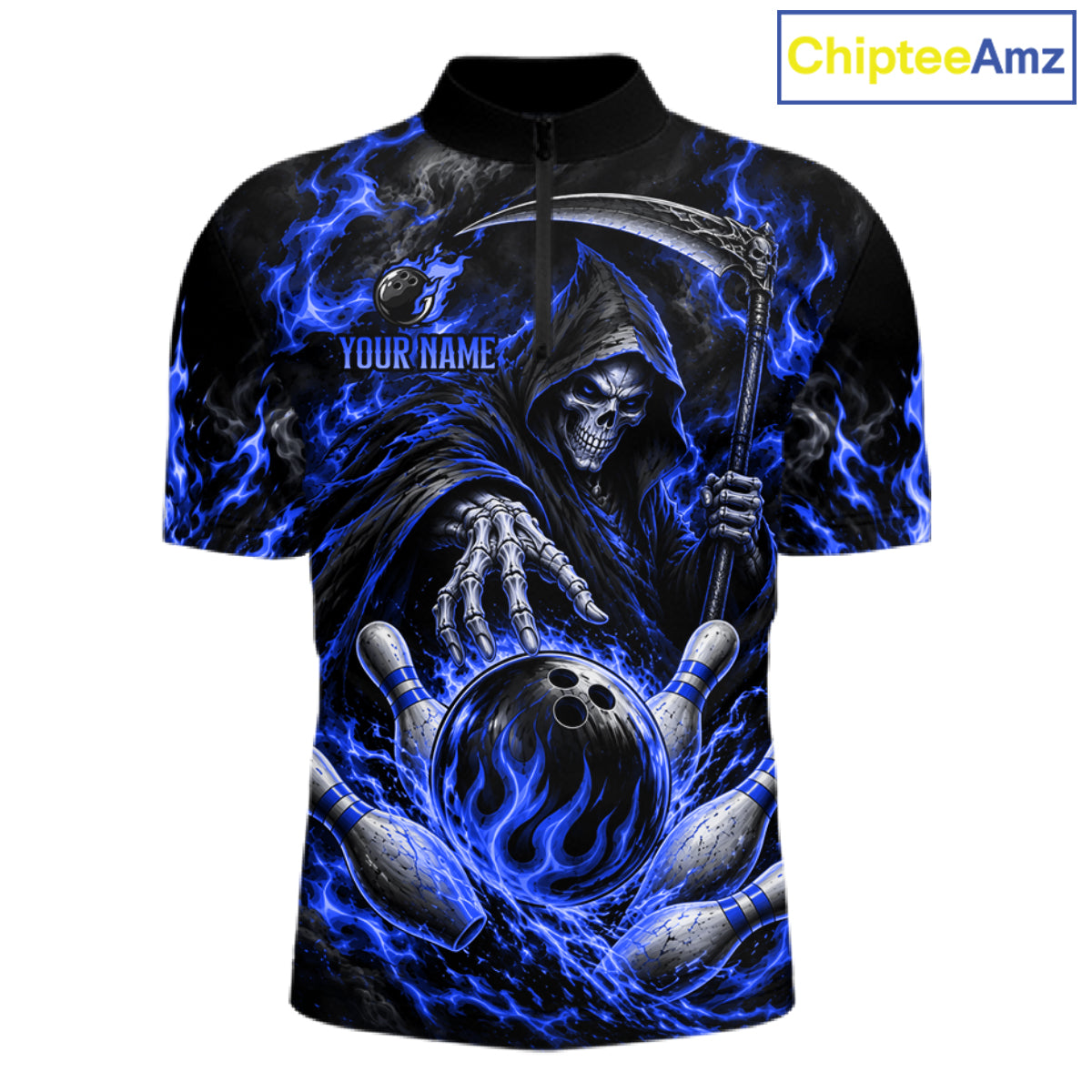 Personalized Blue Grim Reaper Flaming Bowling Ball Polo Shirt, Flaming Skull Bowling Team Jersey Men NHT1528