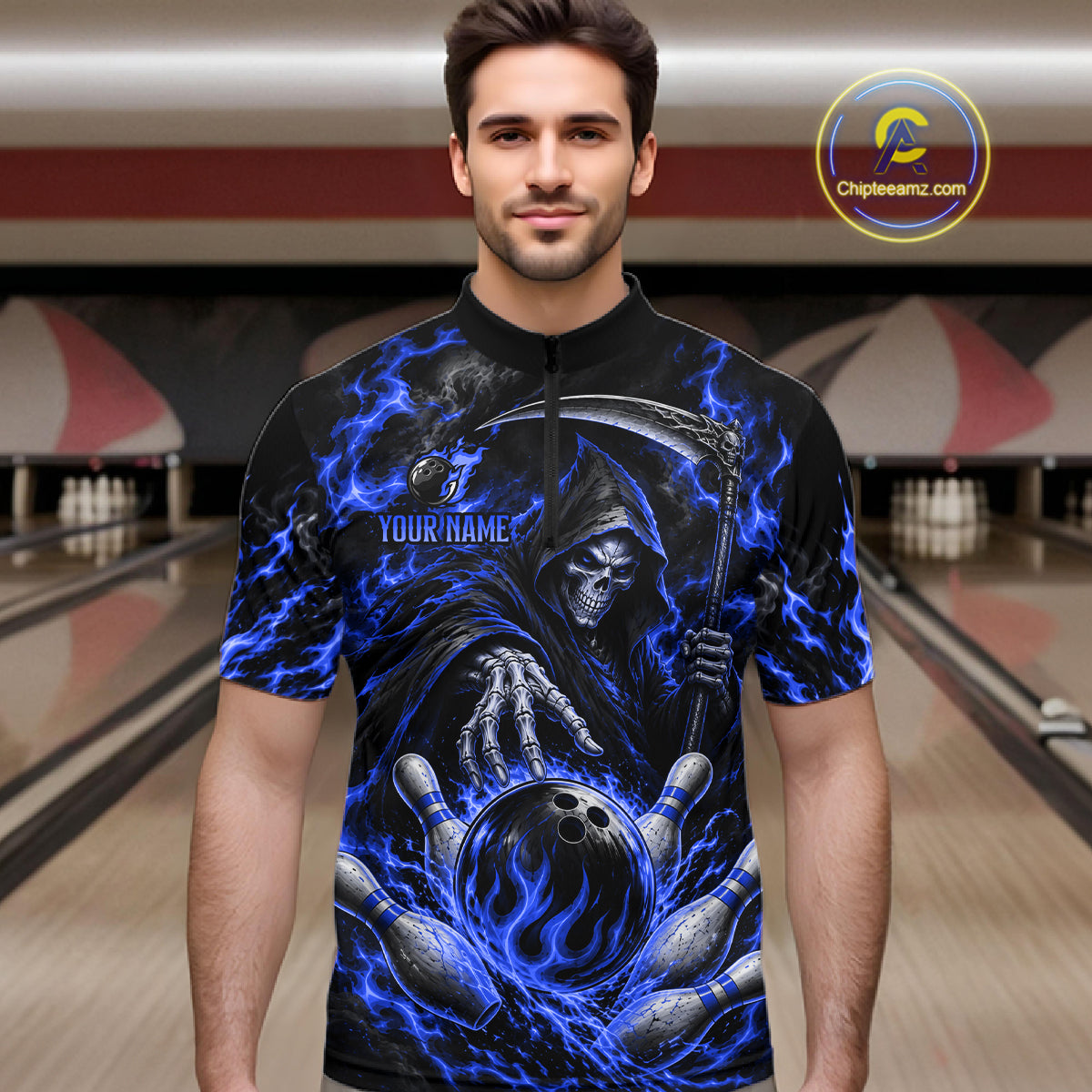 Personalized Blue Grim Reaper Flaming Bowling Ball Polo Shirt, Flaming Skull Bowling Team Jersey Men NHT1528