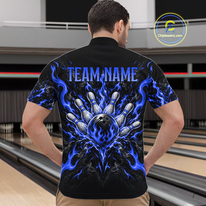 Personalized Blue Grim Reaper Flaming Bowling Ball Polo Shirt, Flaming Skull Bowling Team Jersey Men NHT1528