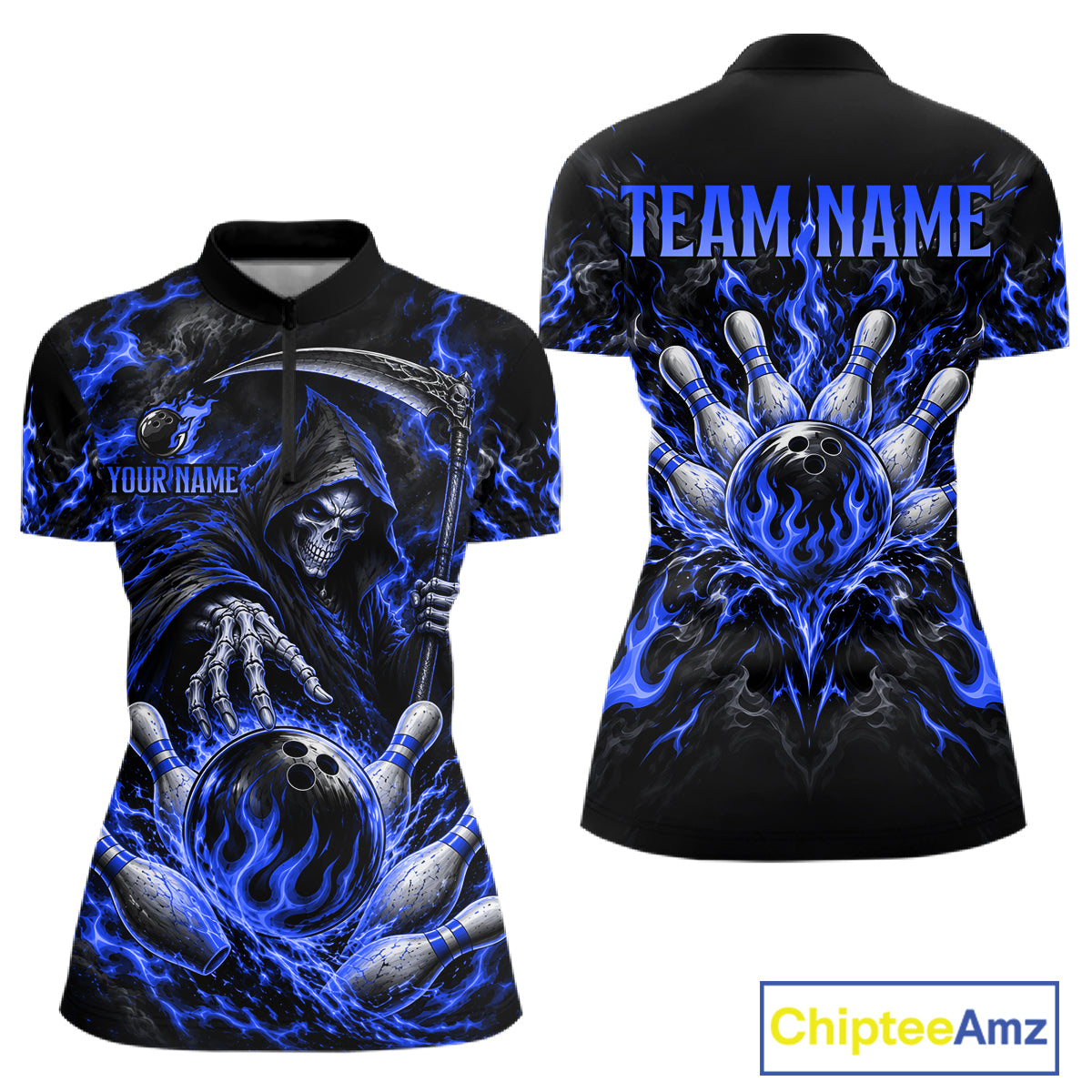 Personalized Blue Grim Reaper Flaming Bowling Ball Polo Shirt, Flaming Skull Bowling Team Jersey Women NHT1528