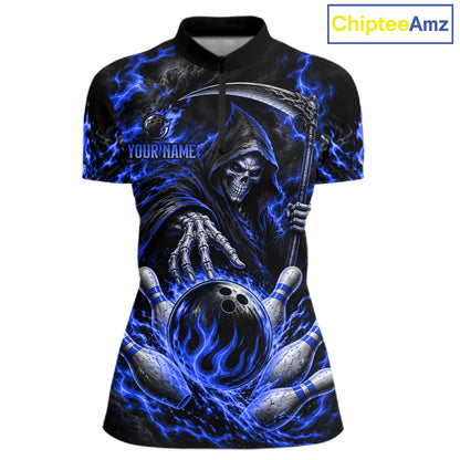 Personalized Blue Grim Reaper Flaming Bowling Ball Polo Shirt, Flaming Skull Bowling Team Jersey Women NHT1528