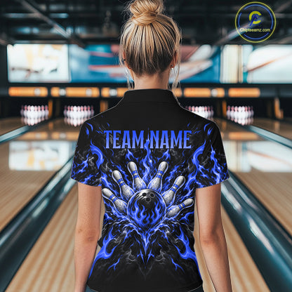 Personalized Blue Grim Reaper Flaming Bowling Ball Polo Shirt, Flaming Skull Bowling Team Jersey Women NHT1528
